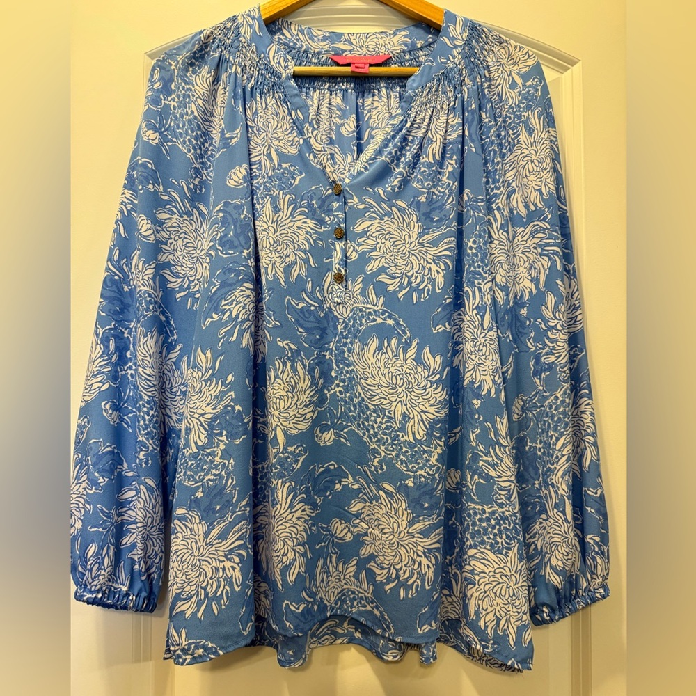 Lilly Pulitzer Elsa silk Blue and White Floral Blouse